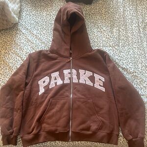 PARKE Hometown Varsity Zip-up Hoodie in Mocha + Rose